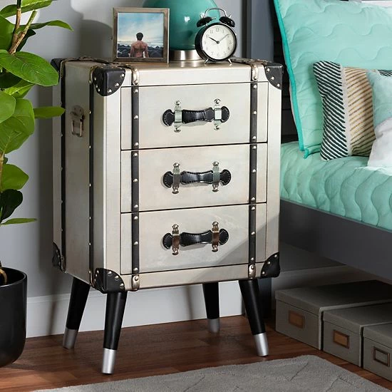 Baxton Studio Dilan Silver 3-Drawer Nightstand 2 Baxton Studio Dilan Silver 3-Drawer Nightstand - Image 2