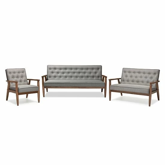 Baxton Studio Sorrento Mid-Century Modern Living Room 3-piece Set Gray 3 Baxton Studio Sorrento Mid-Century Modern Living Room 3-piece Set Gray - Image 3