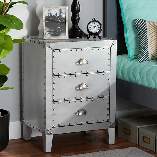 Baxton Studio Claude Silver 3-Drawer Nightstand 2 Baxton Studio Claude Silver 3-Drawer Nightstand - Image 2