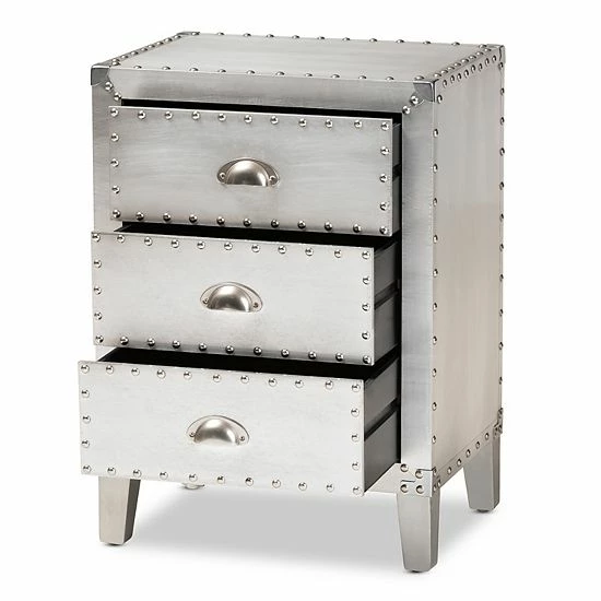 Baxton Studio Claude Silver 3-Drawer Nightstand 4 Baxton Studio Claude Silver 3-Drawer Nightstand - Image 4
