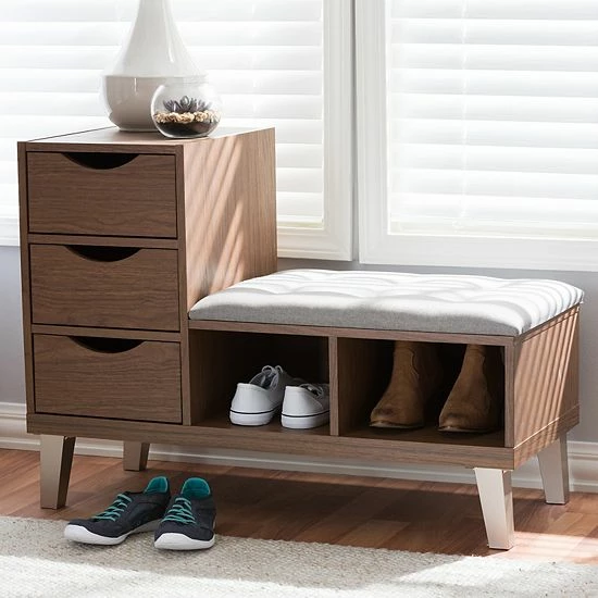 Baxton Studio Modern Walnut 3-Drawer Shoe Storage Bench 2 Baxton Studio Modern Walnut 3-Drawer Shoe Storage Bench - Image 2