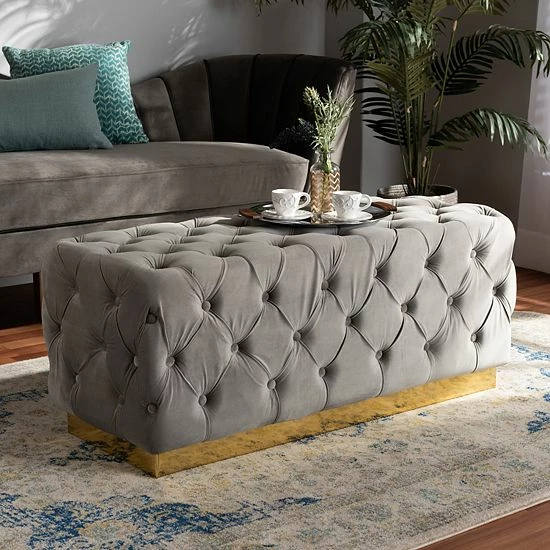 Baxton Studio Corrine Tufted Ottoman Navy Blue Gold 2 Baxton Studio Corrine Tufted Ottoman Navy Blue Gold - Image 2