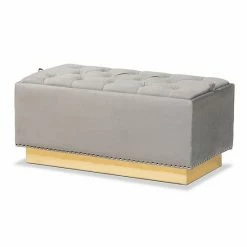 Baxton Studio Powell Tufted Storage Ottoman Navy Blue Gold
