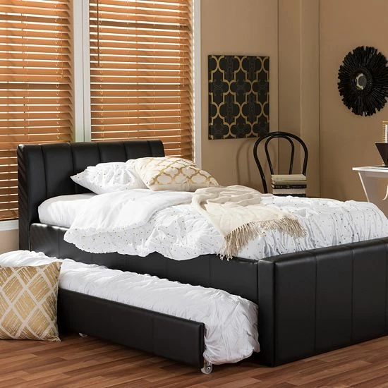 Baxton Studio Cosmo Faux-Leather Twin Bed & Trundle Black 2 Baxton Studio Cosmo Faux-Leather Twin Bed & Trundle Black - Image 2