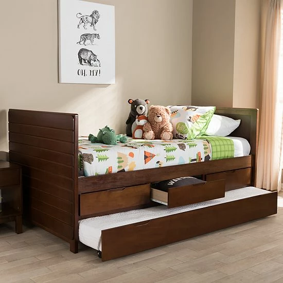 Baxton Studio Linna Walnut Twin Bed With Trundle Brown 2 Baxton Studio Linna Walnut Twin Bed With Trundle Brown - Image 2