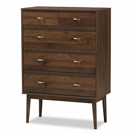 Baxton Studio Mid-Century Walnut 5-Drawer Chest 1 Baxton Studio Mid-Century Walnut 5-Drawer Chest