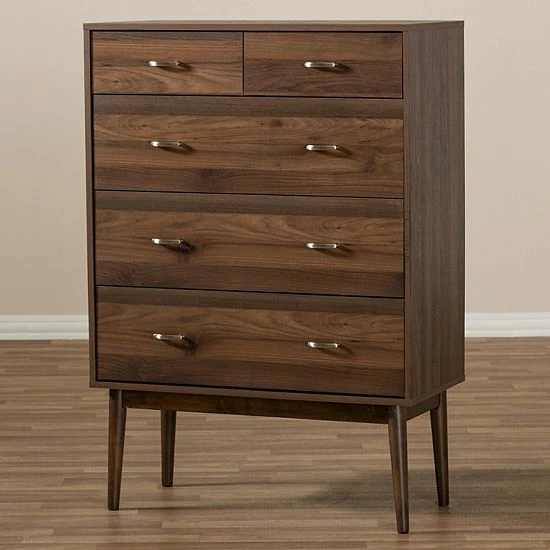 Baxton Studio Mid-Century Walnut 5-Drawer Chest 2 Baxton Studio Mid-Century Walnut 5-Drawer Chest - Image 2