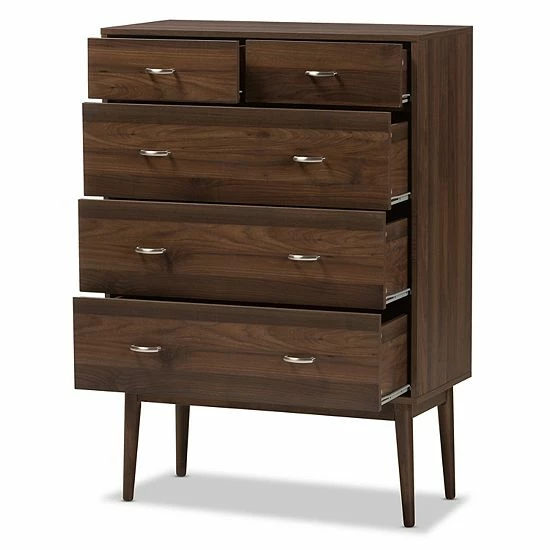 Baxton Studio Mid-Century Walnut 5-Drawer Chest 4 Baxton Studio Mid-Century Walnut 5-Drawer Chest - Image 4
