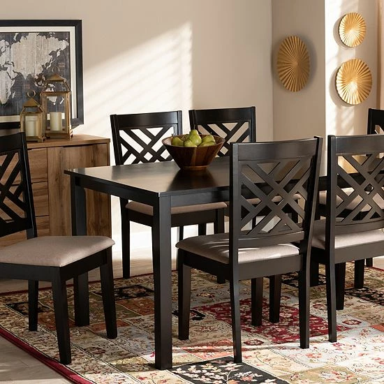 Baxton Studio Caron Dining Table & Chair 7-piece Set Sand Brown Espresso 2 Baxton Studio Caron Dining Table & Chair 7-piece Set Sand Brown Espresso - Image 2