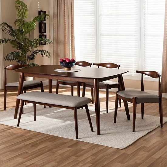 Baxton Studio Amato Dining Table, Bench & Chair 6-piece Set 2 Baxton Studio Amato Dining Table, Bench & Chair 6-piece Set - Image 2