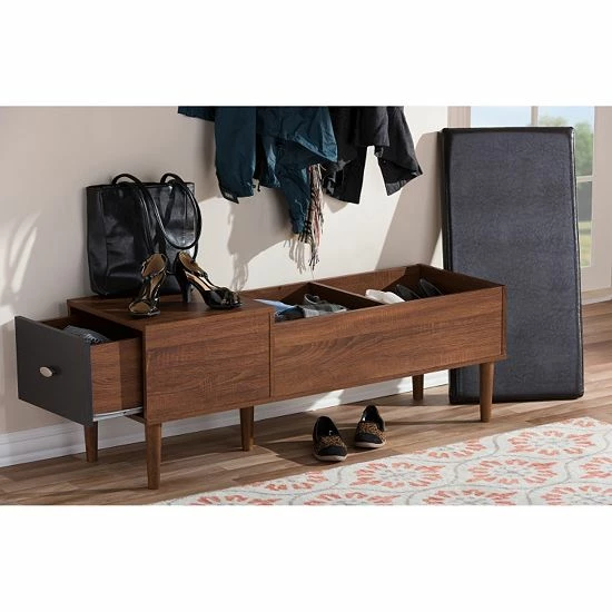 Baxton Studio Merrick Mid-Century Modern Entryway Bench With Shoe Rack 2 Baxton Studio Merrick Mid-Century Modern Entryway Bench With Shoe Rack - Image 2